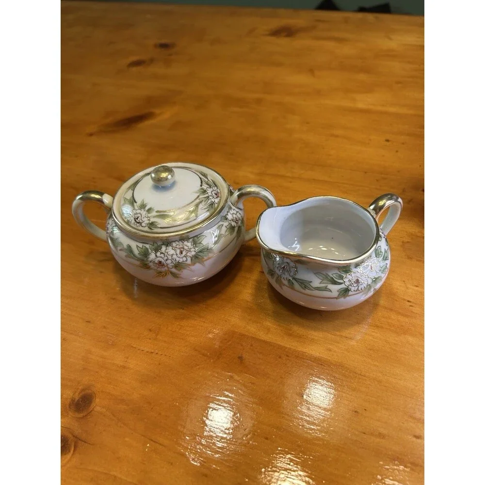 Nippon Floral Hand Painted Porcelain Creamer & Sugar Set W/Lid Vintage